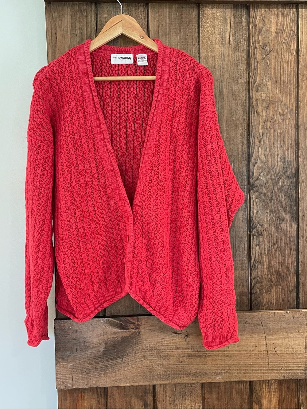 Vintage 90's Yarn Works Red Cable Chunky Knit V Neck Roll Hem Cardigan Large